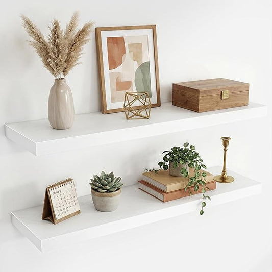 36 Inch Black Floating Shelves for Wall,9.3" Deep Long Floating Shelf Set of 2,Wood Wall Mounted Shelves Farmhouse Home Decor,Wall Storage Shelf for Bathroom Bedroom Living Room Kitchen Office,White