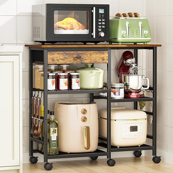 Microwave Stand, 6-Tier Microwave Cart with Wheels & Adjustable Shelf, Coffee Bar Table Station, Rolling Storage Cart Organizer Shelf for Living Room, Kitchen Island, Office, Rustic Brown