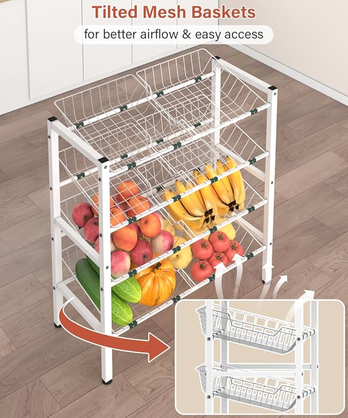 4-Tier Kitchen Storage Rack, Metal Pantry Storage Stand, Fruit Basket Stand with 8 Fruit Vegetable Baskets, Freestanding Snack Organizer Shelf Unit for Living Room, Office, Apartment, White
