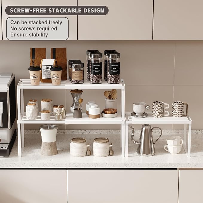 Magheo Expandable Cabinet Shelf Organizer, 1 Pack Stackable Kitchen Counter Shelf Riser, Metal Spice Rack Heavy Duty Countertop Organizer Storage for Kitchen, Pantry, Cupboard, Rv (8.7in Height,White)