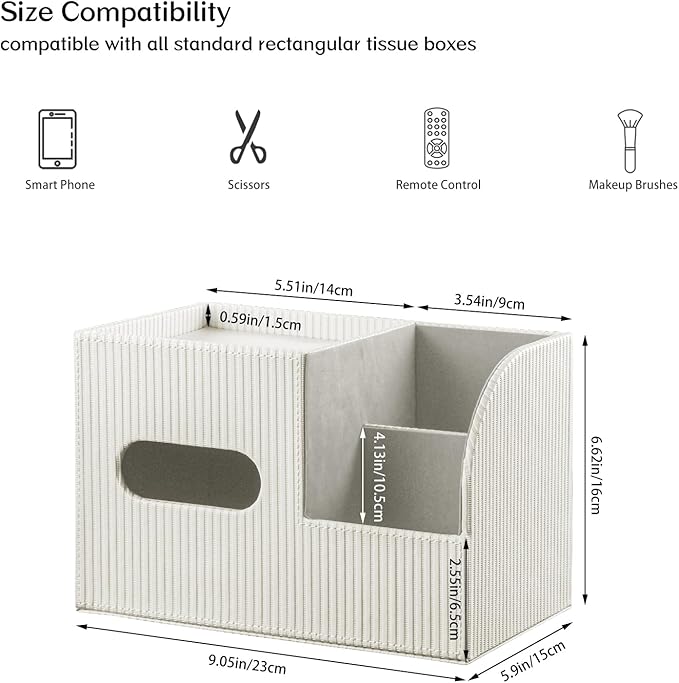Modern PU Leather Cube Tissue Box Cover with Storage Tray, Multifunctional Remote Control Holder & Facial Tissue Dispenser Organizer for Nightstand, Bathroom, Bedroom, Office & Home Decor
