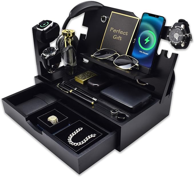 Nightstand Organizer for Men with Large Drawer, Wood Phone Docking Station for Phone, Apple Watch, Wallet & Keys, Ideal Birthday Gift for Father Husband Wife, Bedside Desk Organizer (Black)