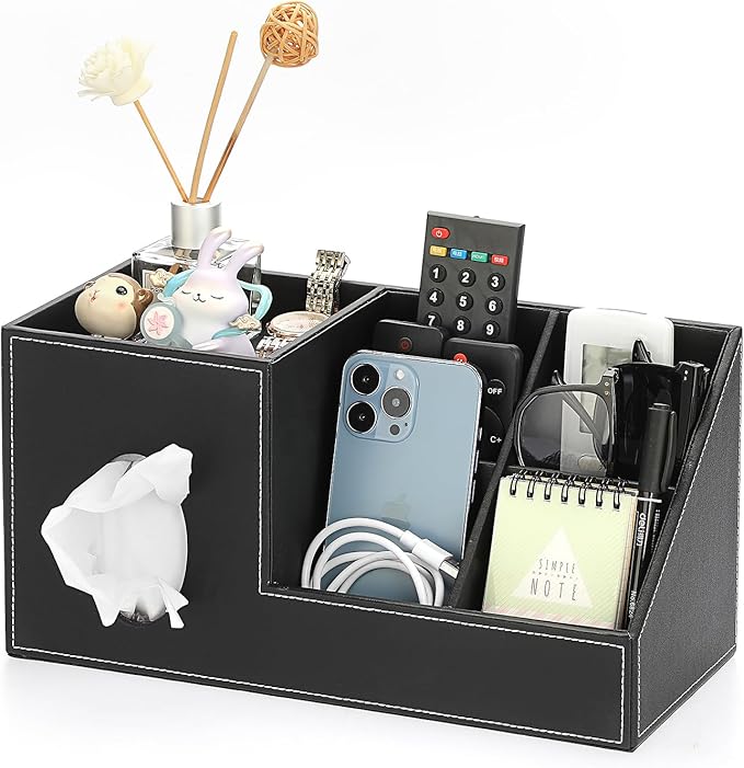 Sumnacon Tissue Box Cover, Square PU Tissue Box Organizer, Leather Tissue Covers with Storage, Stylish Tissue Holders for Bahtroom Living Room Kitchen Dining Table Desk Office, Black