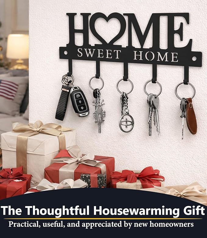 Key Holder Hooks Organizer Hanger Rack Wall Mounted Sweet Home Metal Decor Stylish and Practical for Entryway Front Door Kitchen Hallway Garage Mudroom Office Hardward Included Black (Sweet 13 inches)