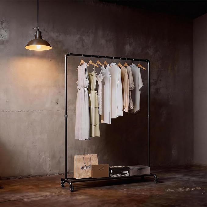 Industrial Pipe Clothing Rack with Wheels,Heavy Duty Rolling Garment Rack,Metal Clothes Rack with Bottom Storage Shelf,Mobile Clothing Rack for Hanging Clothes for Bedroom Laundry Room Boutique