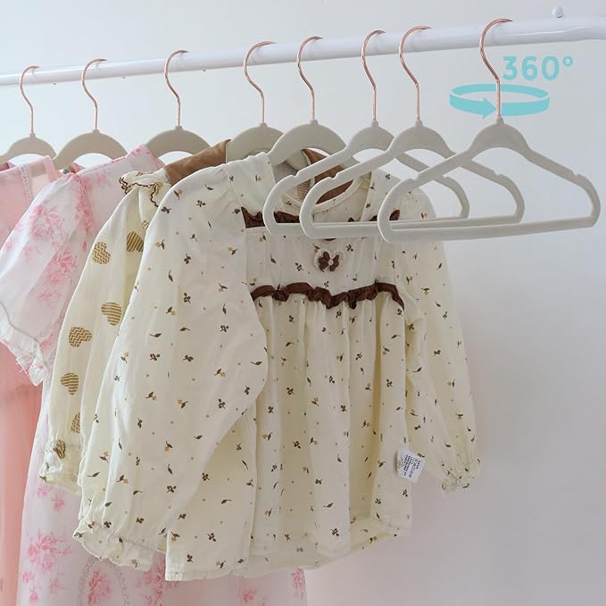 Tonswachic Baby Velvet Hangers 30 Pack - 11 Inch Premium Felt Non Slip Kids Hanger for Infant & Toddler Clothes - 0.2" Slim Space-Saving Baby Felt Hangers for Children's Closet with 10 Clips - Beige