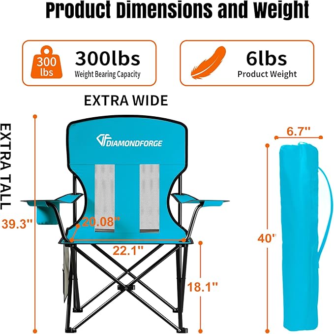 Camping Chairs, High Back Breathable Mesh Camping Chair 300 LBS Capacity, Portable Outdoor Lawn Chairs Folding with Cup Holder for Picnic, Lawn, Beach, Fishing and Sports (Blue)