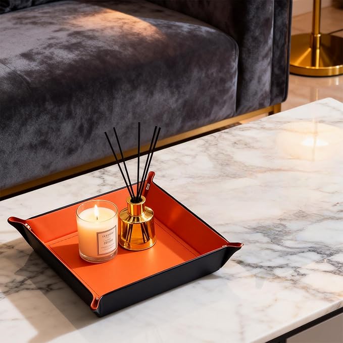Valet Tray Desktop Storage Organizer – Vegan Leather Catchall Bedside Vanity Tray Nightstand Caddy Holder for Remote Controller, Watch, Keys, Phone, Wallet, Coin, Jewelry (Orange/Black)