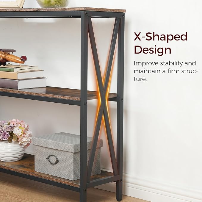 MAHANCRIS 47.2" Sofa Table, Industrial Console Table, 3-Tier Narrow Sofa Table with Storage Shelves, Foyer Table for Entryway, Hallway, Kitchen, Living Room and Bedroom, Rustic Brown CTHR800201