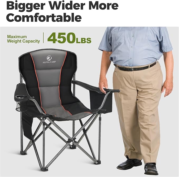 ALPHA CAMP Camping Chairs 350LBS Capacity, Heavy Duty Folding Chair with 4-Can Cooler Bag, Portable Outdoor Chair with Cup Holder for Adults, Collapsible for Tailgating, Beach, Fishing