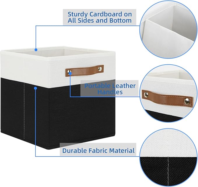 Temary 11 inch Cube Storage Bin 4 Pack Fabric Storage Cubes for Home, Fabric Storage Bin Storage Cube Bins with Leather Handles(White&Black)