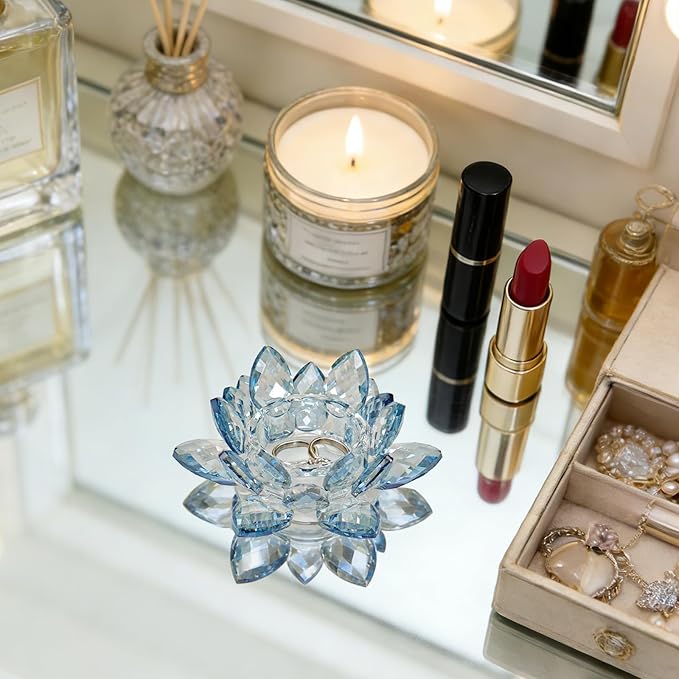 Crystal Flower Jewelry Tray, Luxury Transparent Decorative Trinket Dish for Rings, Earrings, Necklaces, Keys for Vanity Dresser Nightstand, Elegant Gift for Women Mother's Day (1, 4.4"(w) - Blue)