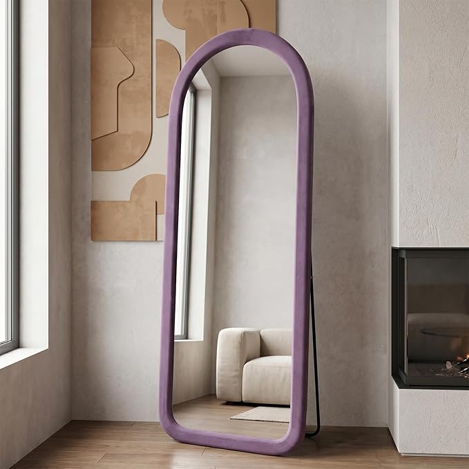 Full Length Mirror 56"x20" Arch Floor Mirror with Stand Arched Full Body Mirror Standing Hanging or Leaning Against Wall for Bedroom Flannel Wrapped Wooden Frame Purple