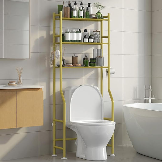 3-Tier Over The Toilet Storage Organizer, Space-Saving Bathroom Rack with Paper Holder & 4 Hooks, 64" Tall Freestanding Carbon Steel Shelf for Small Apartment Laundry Room (Gold)