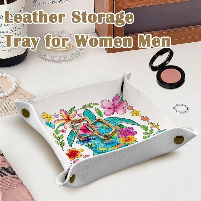 Sea Turtle Gifts Jewelry Valet Tray for Women, Coastal Sea Turtle Floral PU Leather Catchall Beside Caddy Nightstand Organizer Tray for Jewelry Rings Watches Keys and Accessories, 7.87x7.87in