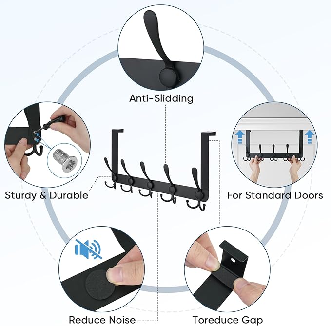 TICONN Over The Door Hooks, 5 Heavy Duty Tri Coat Rack All Metal Coat Hanger for Bathroom Bedroom Dorm (Matte Black, 1PK, Fit 1-3/8" Doors)