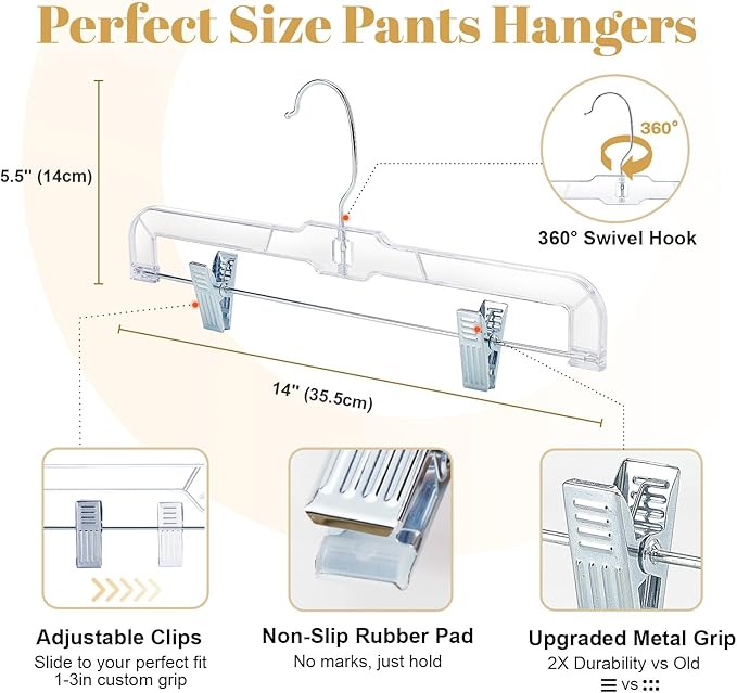 HOUSE DAY 200 Pack Pants Hangers with Adjustable Clips and 360° Swivel Hook, Non-Slip Clear Plastic Skirt Hangers for Pants, Jeans, Skirts, Trousers, Bulk Hangers for Closet Organization