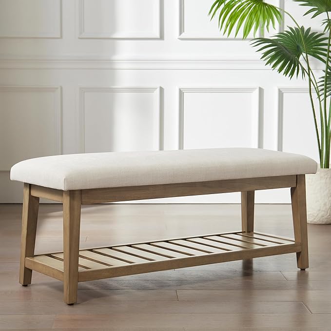 Zihanhome Entryway Bench, Chenille Upholstered Shoe Benches for Bedroom, Ottoman Bench with Solid Wood Shelf, Storage Benches for Hallway, Living Room(Beige)