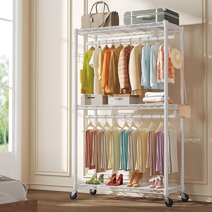 NEWBULIG Heavy Duty Adjustable Clothes Rack with Wheels, Adjustable Rolling Metal Freestanding Garment Closet Organizer with Double Rods & 2 Side Hooks for Hanging Clothes, 47"x17"x80", White