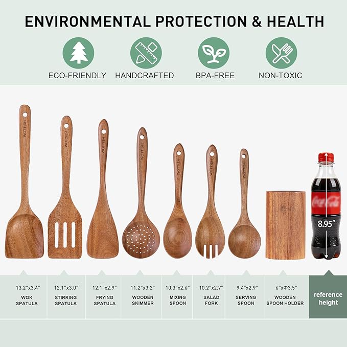 Wooden Spoons for Cooking - 8-Piece Wooden Kitchen Utensil Set made of Natural Solid Wood Material-Includes Spoons,Spatulas,Ladles,Mixing Spoon and Utensil Holder,Valentine's Day Gifts