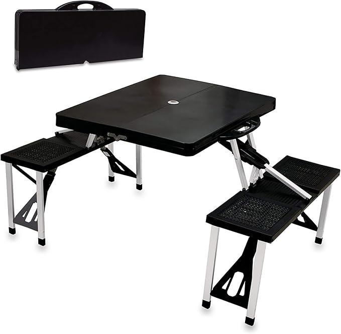 Picnic TIME Portable Folding Picnic Table with Seats for 4, Collapsible Aluminum Table with Benches & Umbrella Hole, Lightweight Foldable Table for Camping, Travel, Backyard, Tailgating | with Umbrella Hole