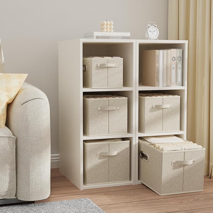 Open Storage Baskets, Collapsible Cube Bins, Fabric Container Organizer with Metal Handles, Boxes for Shelves, Closet, Living Room, 10.2x7.9x6.7in, Grey and Beige, 4 Pack