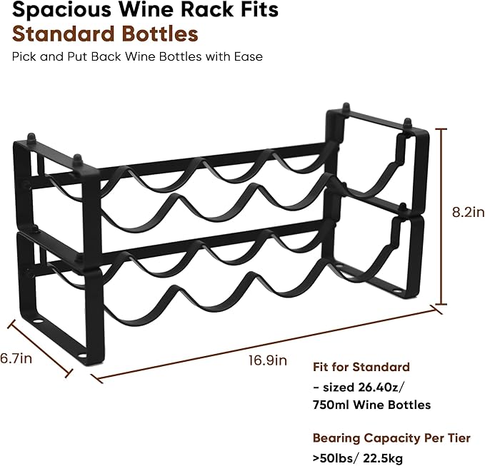 Wine Rack for Countertop – Stackable Freestanding Bottle Organizer for Kitchen, Pantry, Bar Cabinet & Small Spaces – Compact Metal Shelf & Modular Storage Stand (2 Tier)