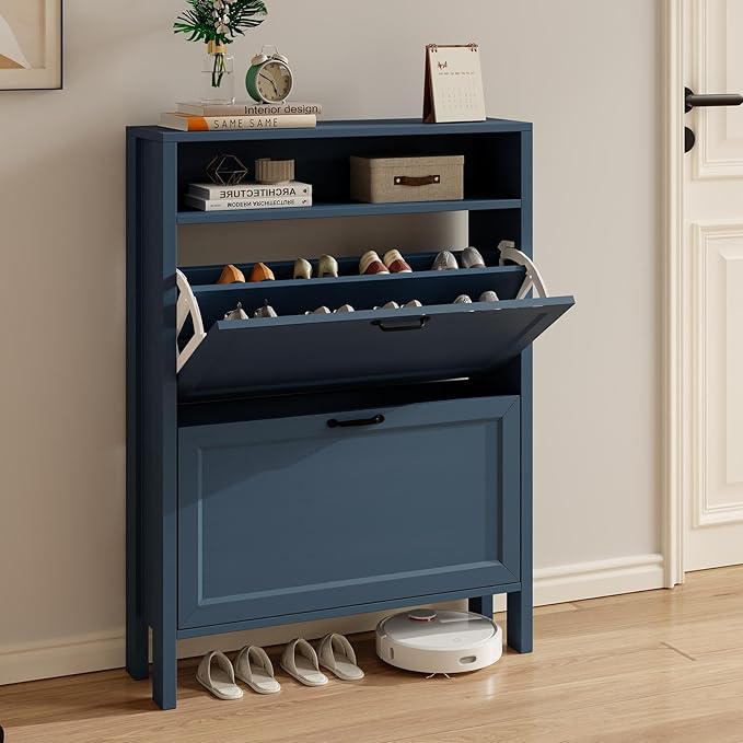 LOUVIXA Shoe Cabinet with 2 Flip Drawers, Narrow Shoe Storage Cabinet, Freestanding Shoe Cabinet Organizer, Hidden Shoe Rack Cabinet for Entryway, Hallway (2-Drawers, Blue)