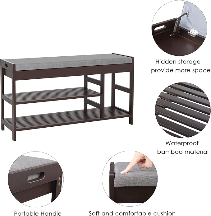 HIFIT 2-Tier Entryway Shoe Rack Bench with Storage, 36 in Bamboo Storage Bench with Padded Seat, Shoe Oiganizer Shelf for Entryway Mudroom Bathroom Foyer, Vintage