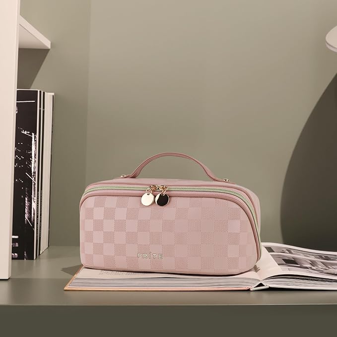 Prite Makeup Bag for Women Travel Waterproof Vegan Leather Cosmetic Bag Open Flat Toiletry Bag With Clear Divider and Handle (Plaid Pink, Medium)