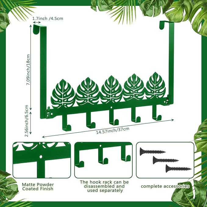 AceOrbit Green Monstera Leaf Over The Door Hooks Wall Mount & Door Tropical Palm Leaves Towel Hanger with 5 Hooks for Hanging Coat Key Clothes, Jungle Bedroom Bathroom Entryway Home Decor