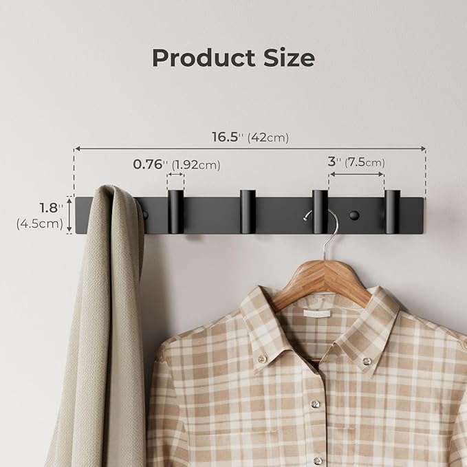 GWAAZXGZ Black Wall Mounted Coat Rack – 5 T-Shaped Pegs for Hats, Bags & Towels, Heavy-Duty Metal Rail for Entryway, Bathroom, Closet, Bedroom (2 Pack)