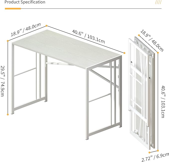 Lutown-Teen Folding Desk 40 inch Writing Gaming Computer Camping Table, No Assembly Required Home Office Desk, White