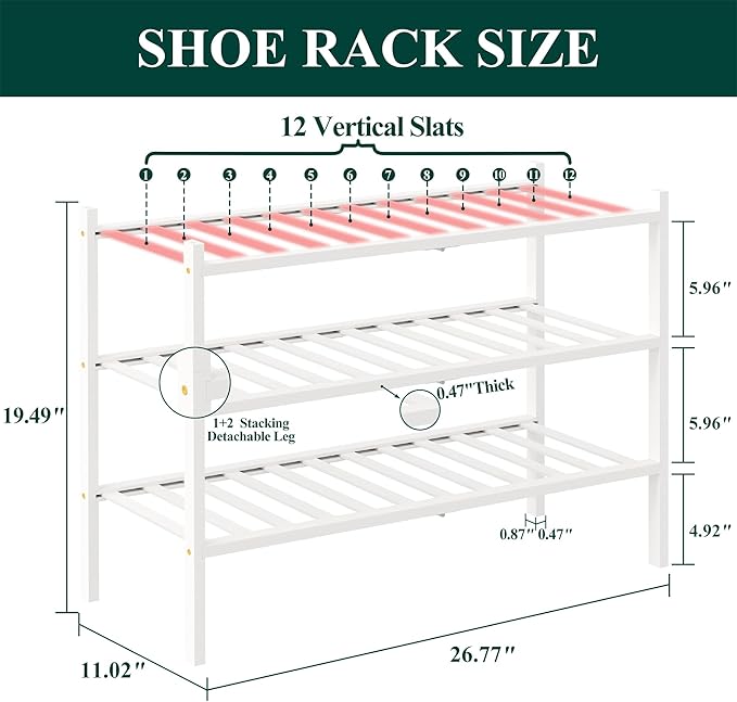 Smiry Bamboo Shoe Rack, 3 Tier Free Standing Wooden Shoe Organizer, Stackable Wood Shoe Storage Shelf for Closet, Entryway, 12 Vertical Slats, 2+1 Stack Standard Legs, 26.8"x11"x19.5", White