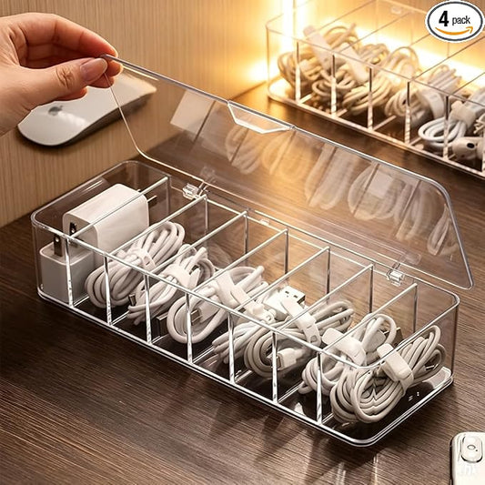 4Pcs cord organizer box with Lid, 10.2 x 3.5 x 2.2in, Desktop Cord Organizer with Compartments (4)