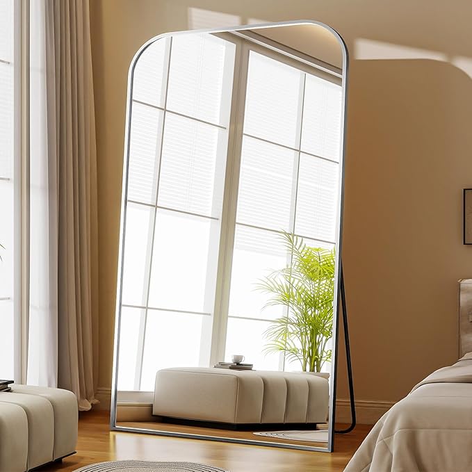 Full Length Mirror 81"x41" Arched Floor Standing Large Mirrors Full Body Mirror with Stand - with Aluminum Frame for Bedroom Living Room, Silver