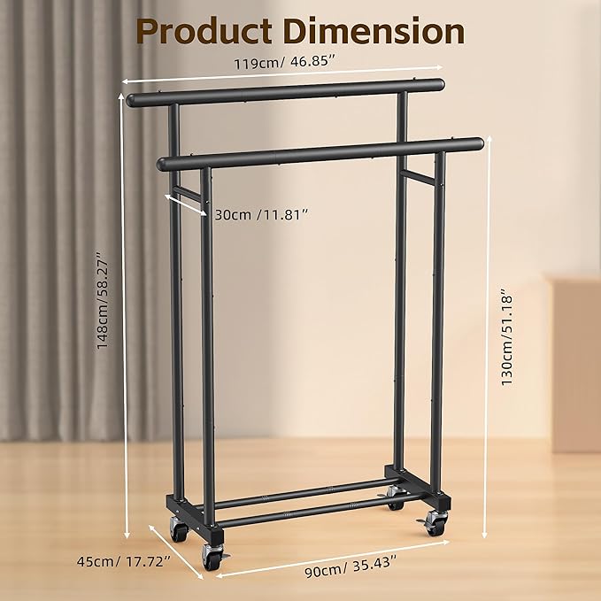 ViviDreamore Double Rods Clothes Rack, Rolling Clothing Rack for Hanging Clothes, Heavy Duty Metal Garment Rack, Multifunctional Coat Rack for Bedroom Laundry Living Room, Black