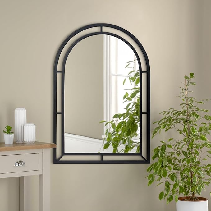 WAMIRRO Concise Window Arched Mirror,Decorative Black Window Pane Mirrors Decor for Fireplace/Entryway/Hallway/Living Room/Bathroom 28"X40"