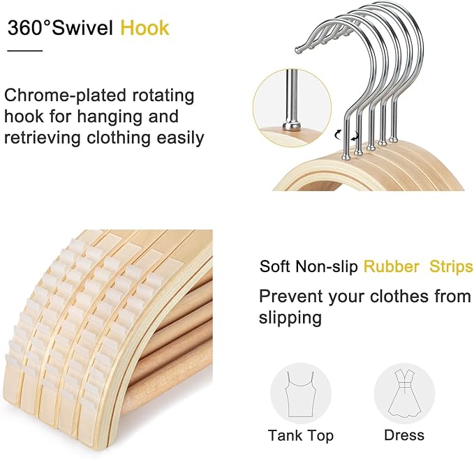 TOPIA HANGER Sleek Wooden Hangers with Non-Slip Rubber Grips, Sweater Hangers No Shoulder Bump, Lightweight Clothes Hangers 10-Pack, 360° Swivel Hook and Pants Bar-CT63N