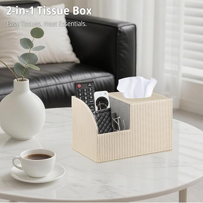 Square Tissue Box Cover with Storage, PU Leather Cube Tissue Box Holder, Remote Control Nightstand Organizer, Modern Desk Caddy for End Table, Bathroom, Bedroom, Home, Office Decor