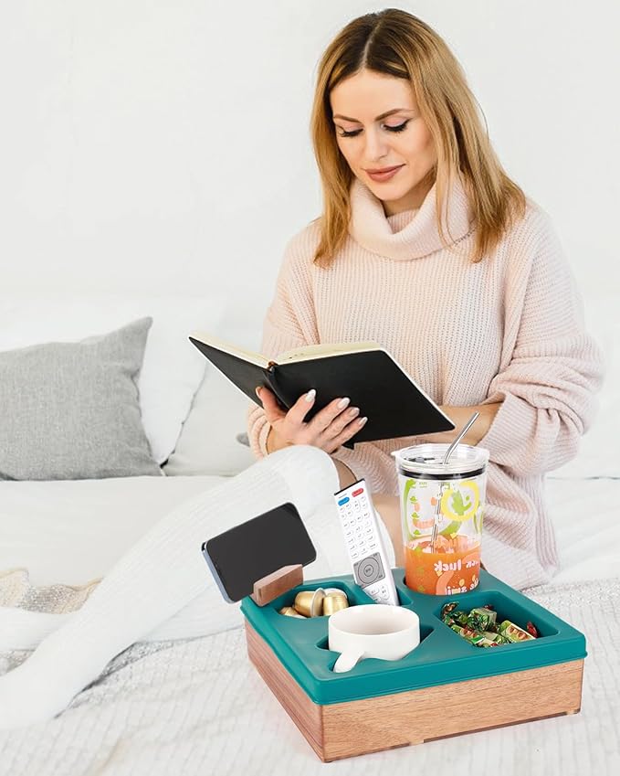 Couch Cup Holder Tray, Silicone Wooden Couch Caddy with Cup Holder for Snacks, Drinks, Remotes, Waterproof Cup Holder for Couch, Organizer, Couch Drink Holder