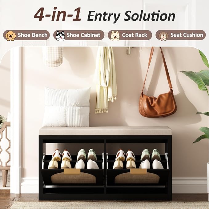 Rattan Narrow Entryway Bench with Shoe Storage, 2 Flip Drawers & Coat Rack, Mid-Century Modern Wood Shoe Cabinet with Seat Cushion for Foyer/Hallway (Black)