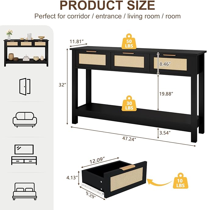 Luoxiao Entryway Table, 47" Rattan Console Tables with 3 Drawers, Narrow Hallway Table for Entryway with Storage Shelf, Slim Sofa Table Behind Couch, Modern Black Foyer Entry Way Table, Easy Assembly