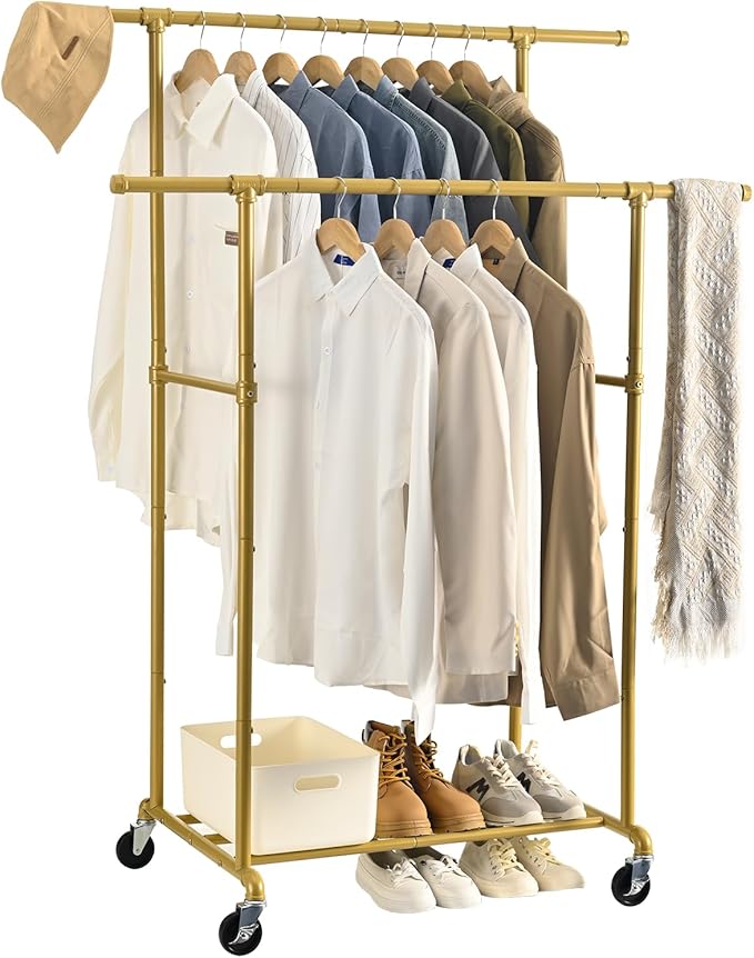 FOUCSSOMEI Heavy Duty Clothes Rack, Rolling Clothing Rack, Garment Rack with Wheels, Double Rod, Max 400Lbs, Gold