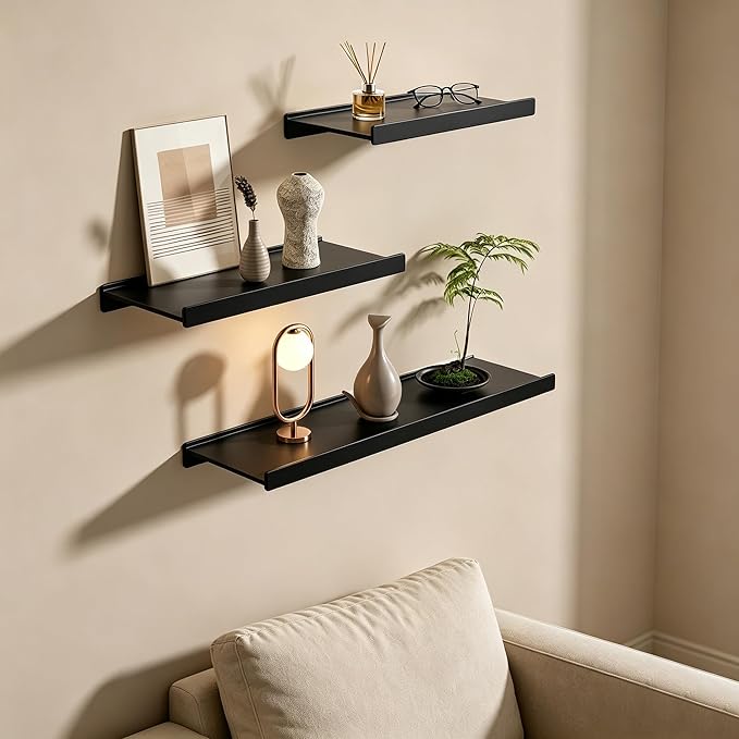 Widen Floating Shelves for Wall, Wall Mounted Shelves with Lip for Storage, Metal Display Shelves, Kitchen/Living Room/Bedroom/Bathroom Shelf, Black 12 inch 2 Pack