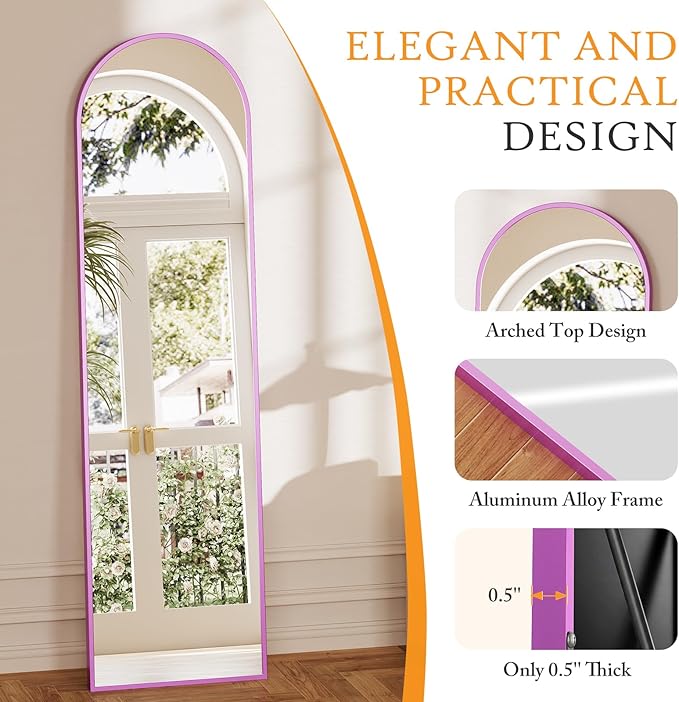 NEWBULIG 59"x16" Arched Full Length Mirror, Full Body Floor Mirror with Aluminum Alloy Thin Frame, Wall or Standing Mirror for Bedroom, Living Room, Dressing Room, Purple