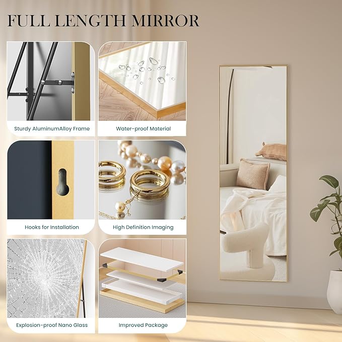 NEWBULIG 59.1"x15.7" Full Length Mirror, Full Body Floor Mirror with Aluminum Alloy Thin Frame, Wall or Standing Mirror for Bedroom, Living Room, Dressing Room, Gold