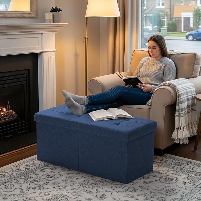 30.5-INCH Storage Ottoman Bench, Footrest with Storage, End of Bed Bench Coffee Table for Living Room, Bedroom, Entryway, Blue