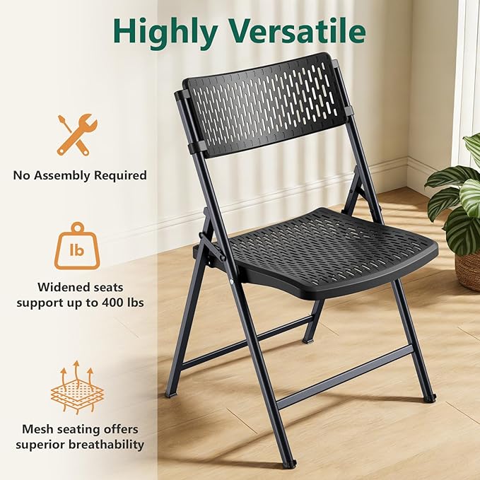 4-Pack Black Folding Chairs, Mesh Plastic Seat with Steel Frame, 400 lbs Capacity, Non-Slip Pads, Easy Clean for Indoor/Outdoor Weddings, Patios & Card Tables