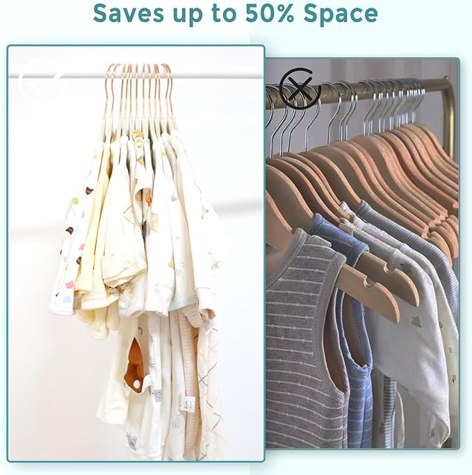 Tonswachic Baby Velvet Hangers 30 Pack - 11 Inch Premium Felt Non Slip Kids Hanger for Infant & Toddler Clothes - 0.2" Slim Space-Saving Baby Felt Hangers for Children's Closet with 10 Clips - Beige